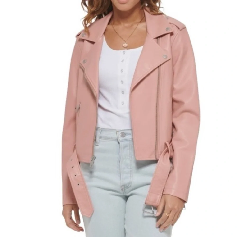 Levi's Faux Leather Fashion Belted Moto Jacket Cameo Pink- M - Picture 3 of 10